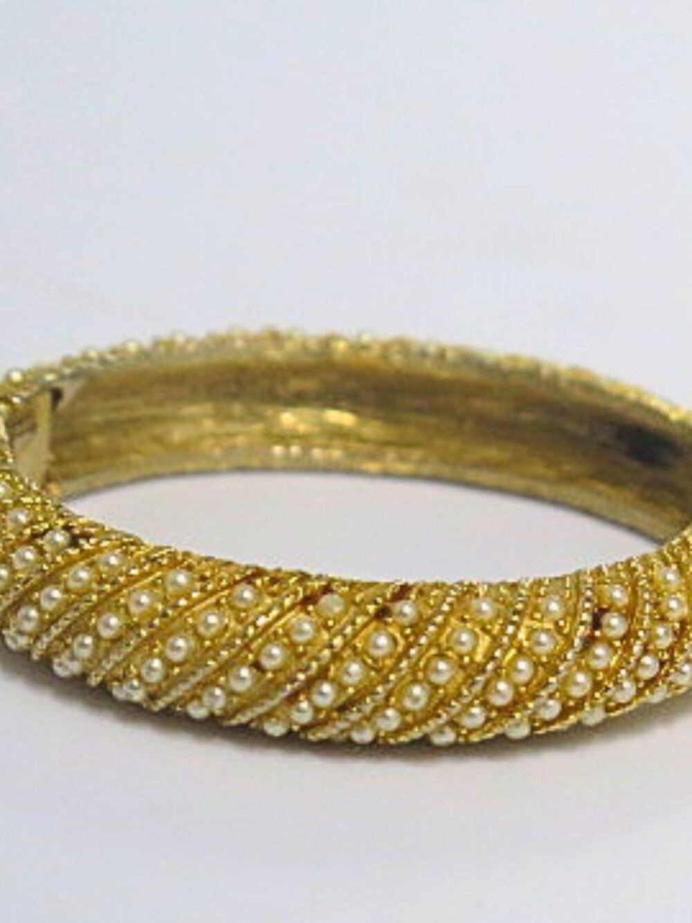 Vintage Estate Gold Tone Faux Pearl Hinged Bangle Bracelet